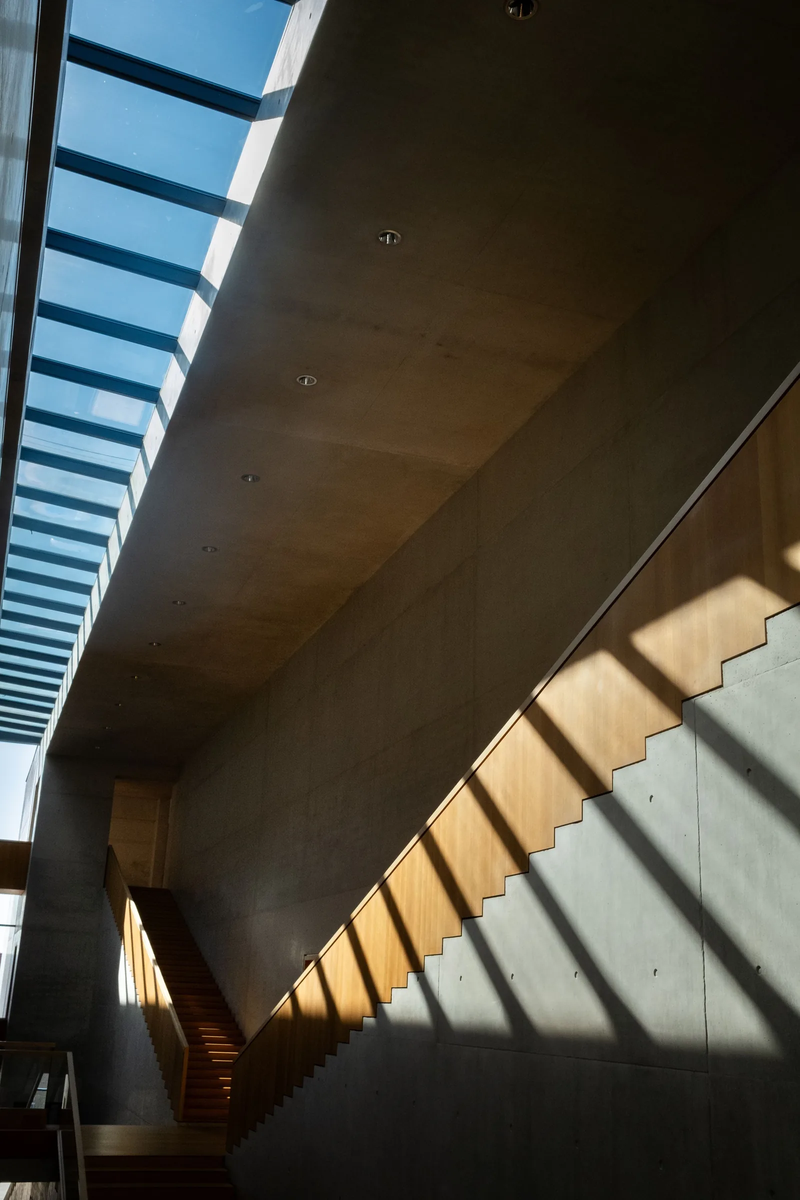 A sunlit museum stair under a glass roof