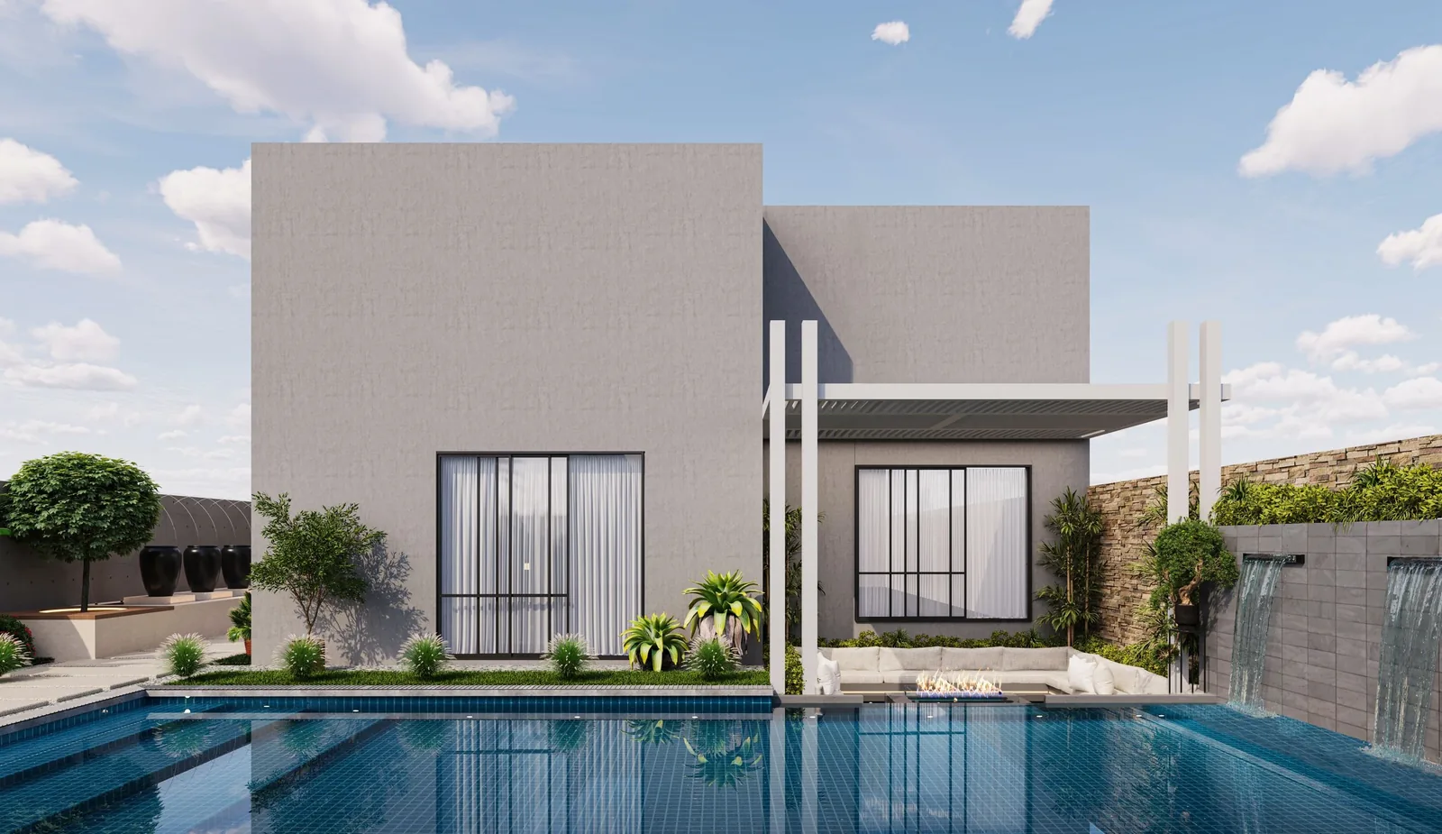 A villa with a pool in soft evening light