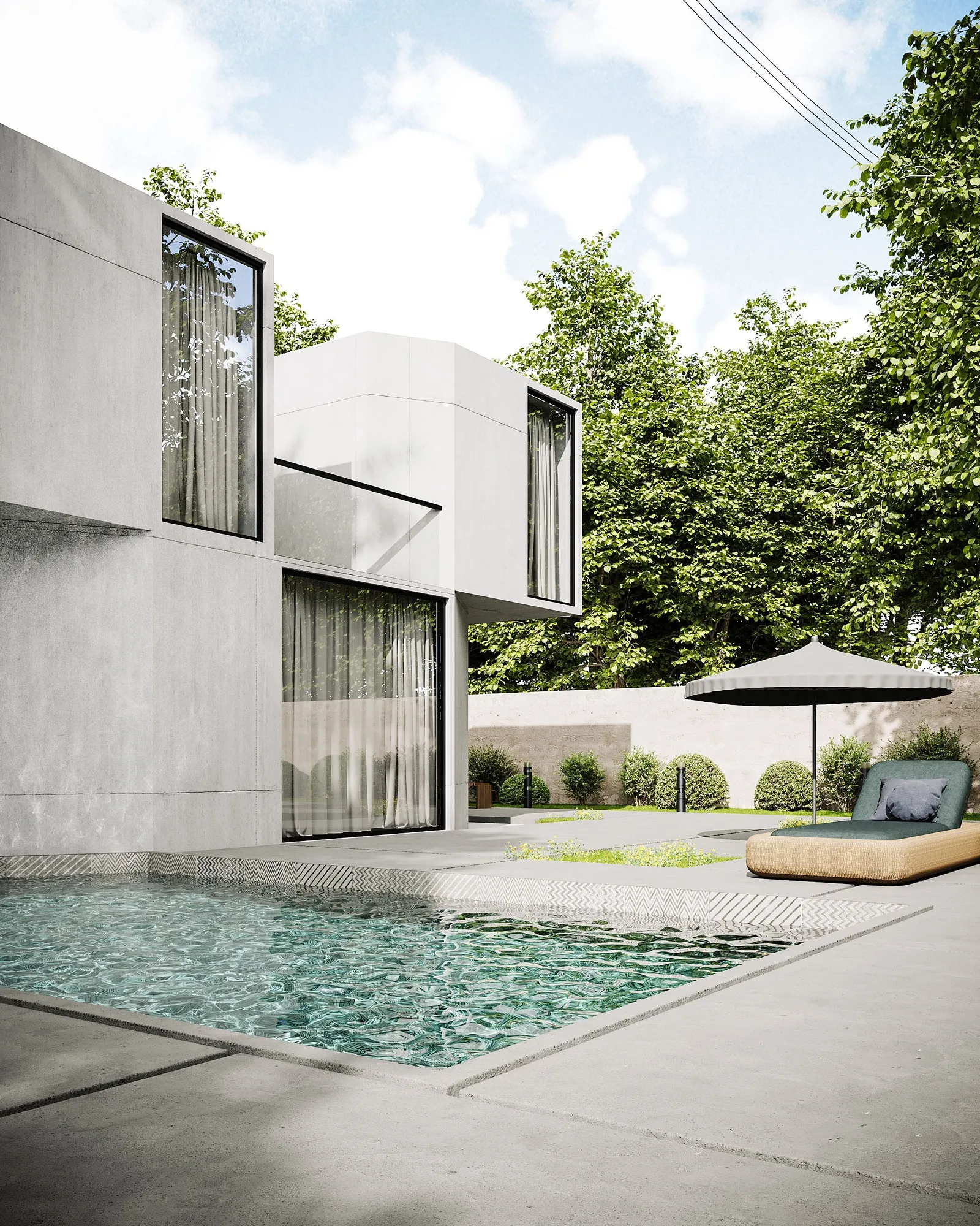A concrete house beside a long pool with a lounger